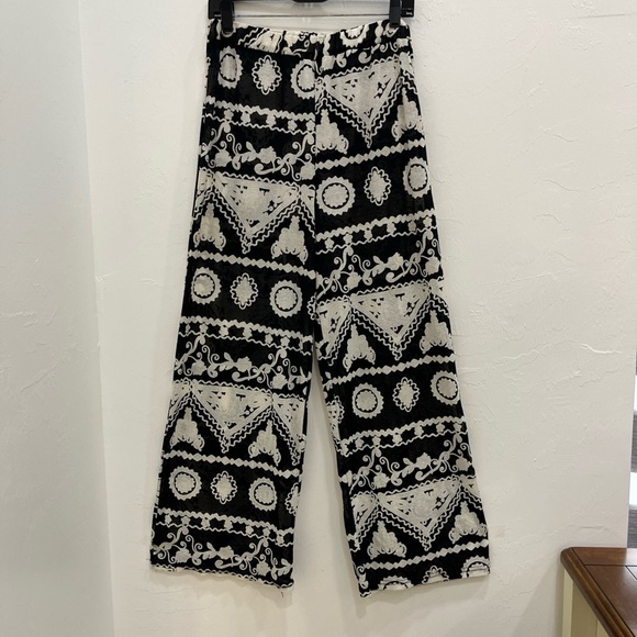 The Unbranded Brand Pants - Women's Black Bohemian Pants with Black and White Tapestry Design Wide Legs S/M